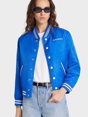 NWT Sporty & Rich Bright Blue Satin Varsity Jacket with White Trim